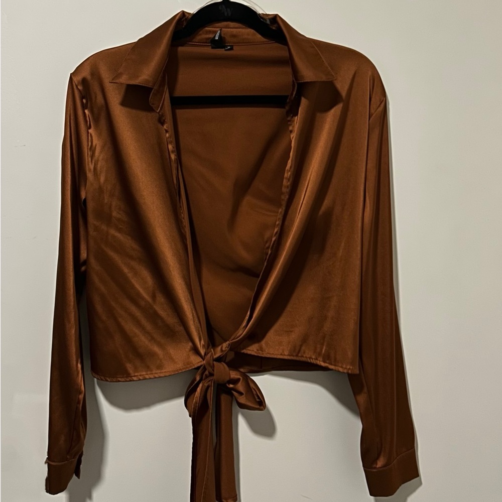 Brown Tie-Front Satin Blouse